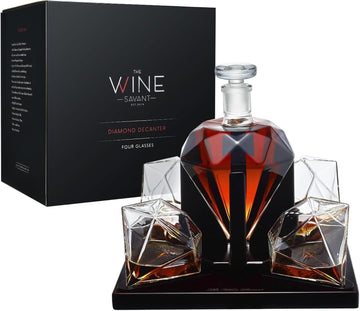 Ry Diamond Whiskey Decanter Set with 4 Matching Glasses & Mahogany Wood Base - 750ml Hand-Blown Borosilicate Glass - Set of 5