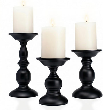 Black Pillar Candle Holders Set of 3, Vintage Candle Holder for Table Centerpiece & Fireplace Decor, Decorative