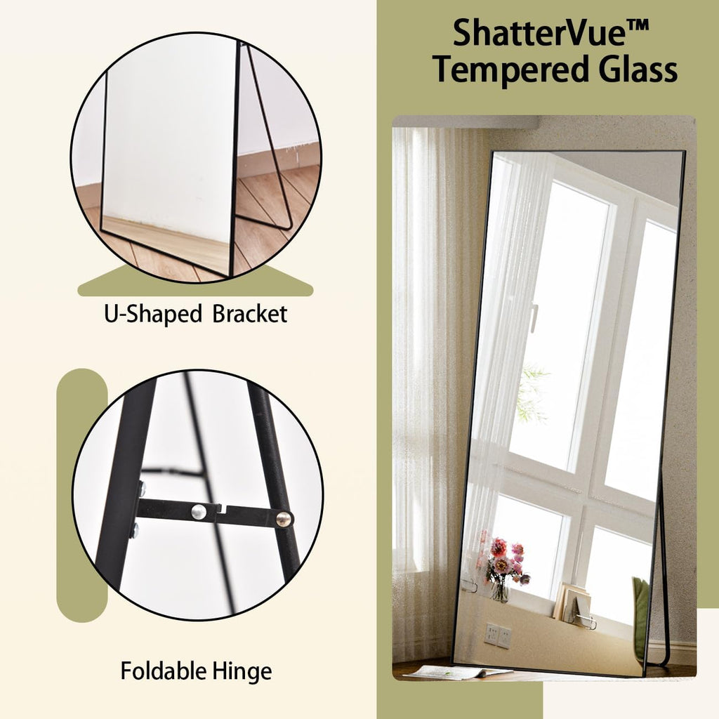 Full Length Mirror with Stand, 56"x21" Floor Mirror with Aluminum Alloy Thin Frame, ShatterVue Tempered Full Body