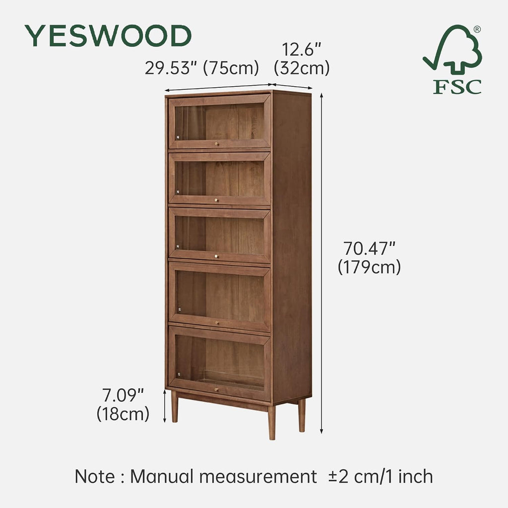 Solid Wood Bookshelf with Glass Flip-Up Doors, Vintage Display Cabinet, Solid Rubber Wood Combination Bookcase