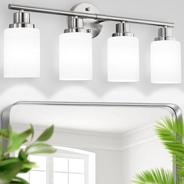 4-Light Brushed Nickel Vanity Lights for Mirror, Bathroom Light Fixtures with Textured Milky White Glass Shade