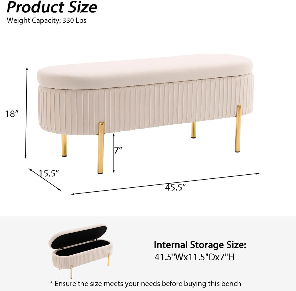 45.5" Ivory White Storage Bench with Gold Legs , Velvet | Upholstered, /Living Room/Window/Entryway, End of Bed