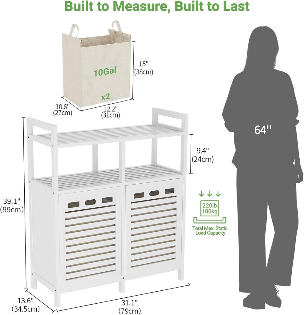 Tilt Out Laundry Hamper Cabinet, Bamboo Double Laundry Hamper with 2 Removable Laundry Baskets, 20 Gal Laundry Sorter