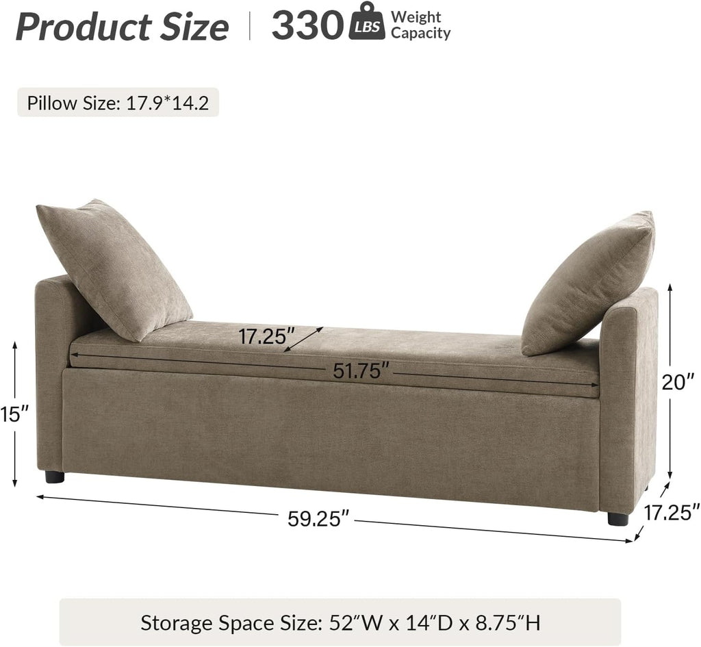 59" Storage Bench with 2 Throw Pillows & Armrests, Brown | Modern Long Bedroom Bench for End of Bed, Comfy