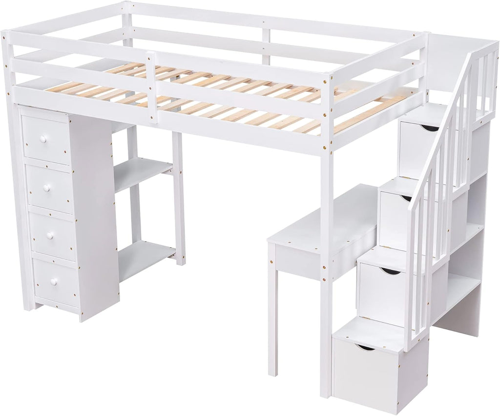 Loft Bed Twin with Desk and Storage Stairs, Space-Saving Wood Bed Frame with Drawers and Shelves
