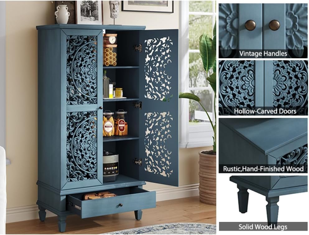 Rustic 55'' Tall Storage Cabinet with Drawer, Decorative 2-Door Carved Wood Accent Cabinet with Solid Wood Legs