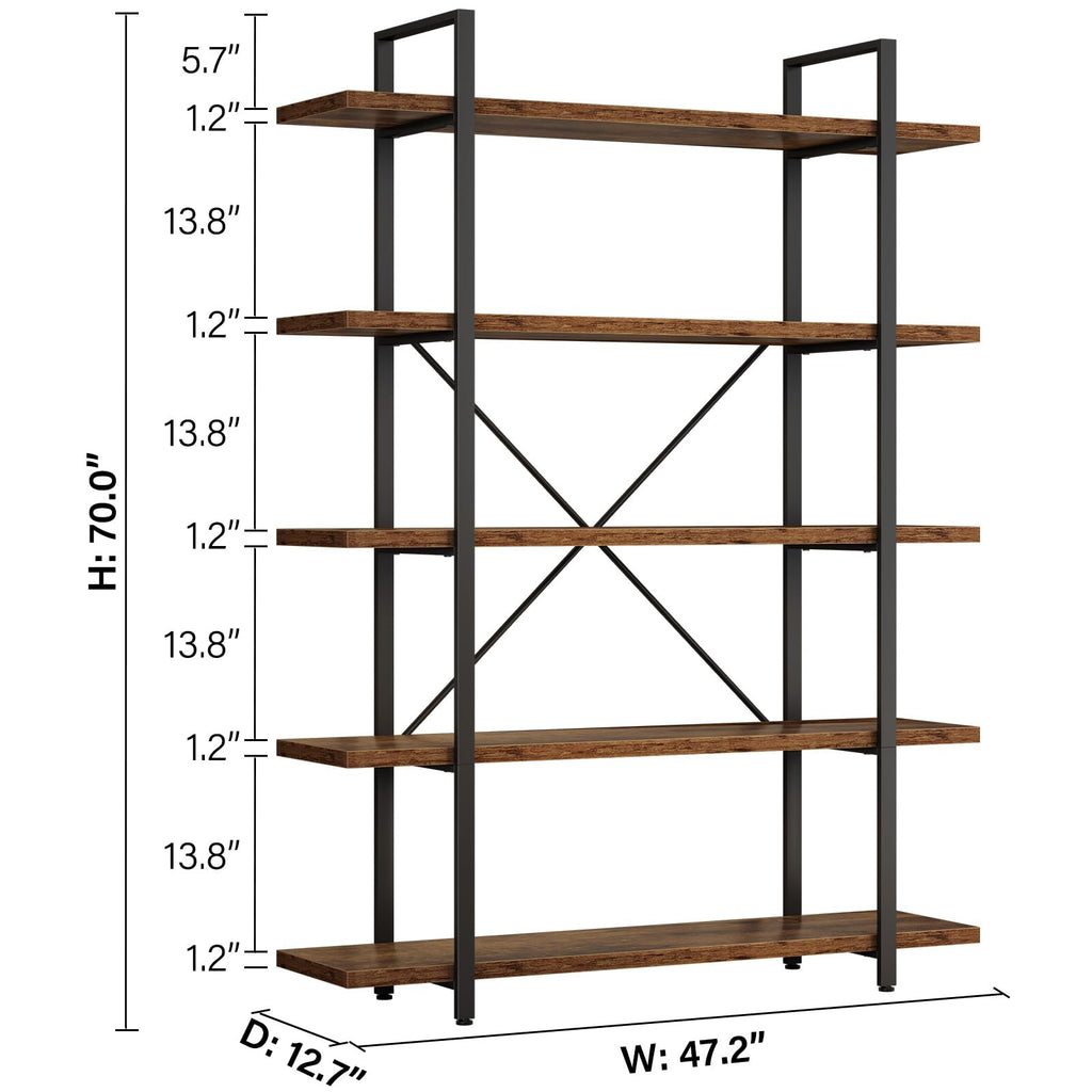 Rustic Wood Bookshelf, 5 Shelf Bookcases with Storage, Rustic Brown