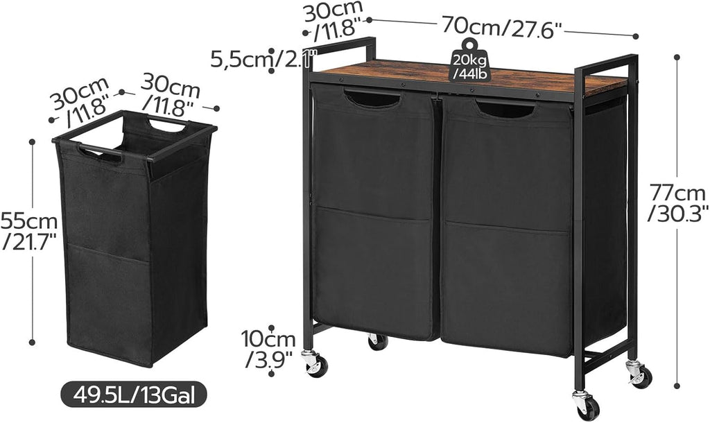Laundry Hamper, Laundry Sorter 2 Section, 2 × 13 Gal (49.5L), Laundry Basket with Wheels, Rolling Cart, Pull-Out and