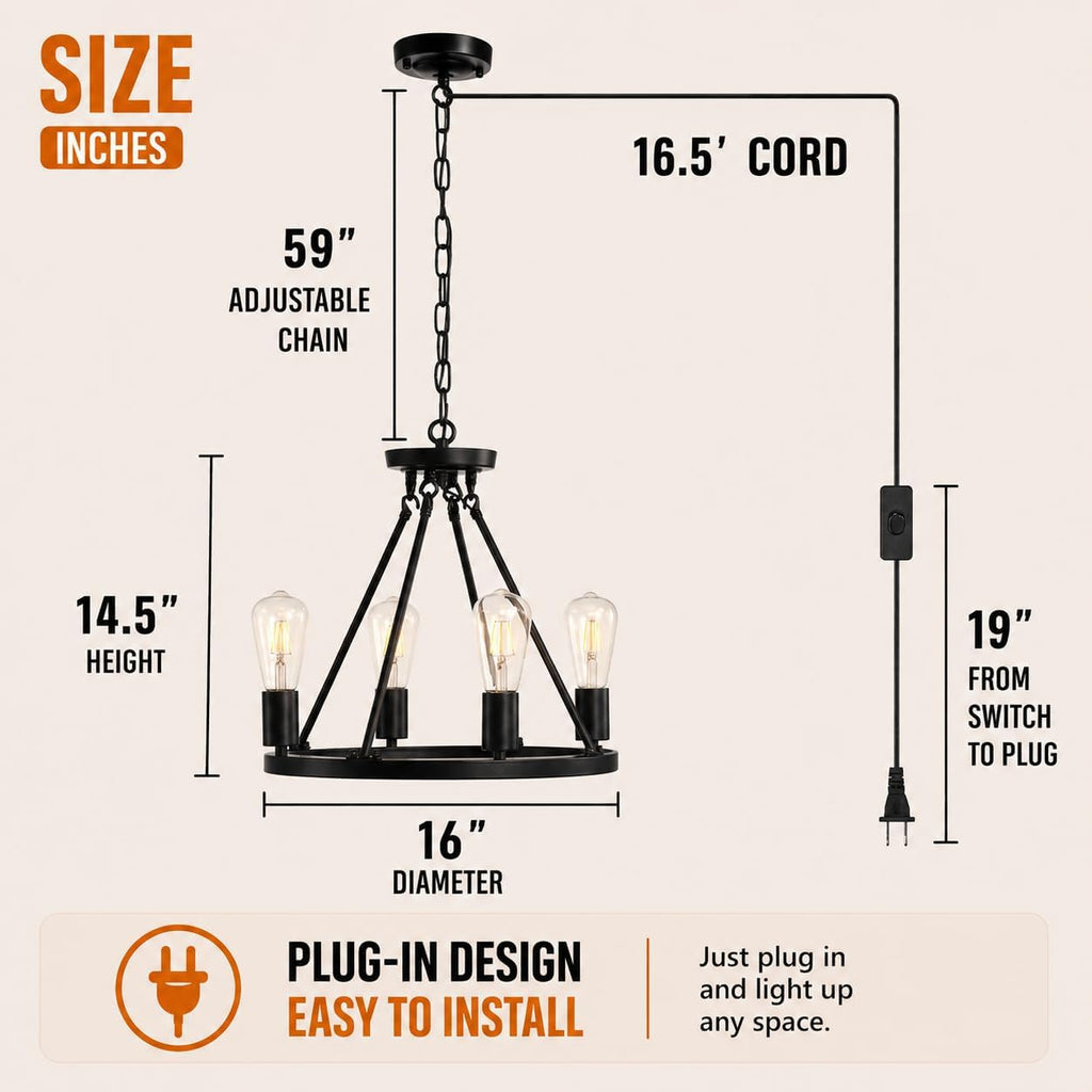 4-Light Plug in Chandelier,Wagon Wheel Style,Black Round Metal Chandelier,Hanging Light with 16.5ft Cord