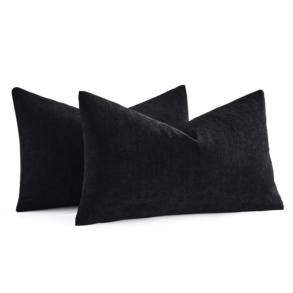 Black Chenille Couch Lumbar Throw Pillow Covers, 12x20