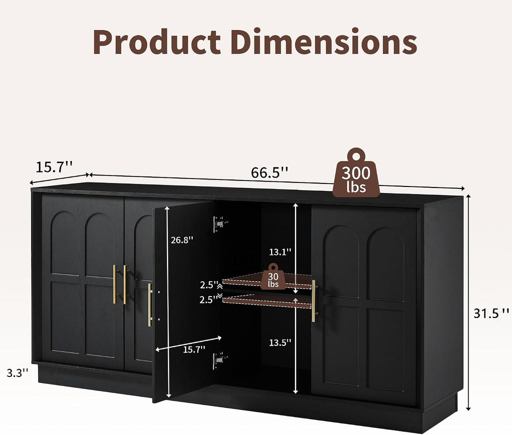 66.5" Sideboard Buffet Cabinet with Storage, Modern Credenza with Arched Doors, Large Wood Accent Cabinet Entryway