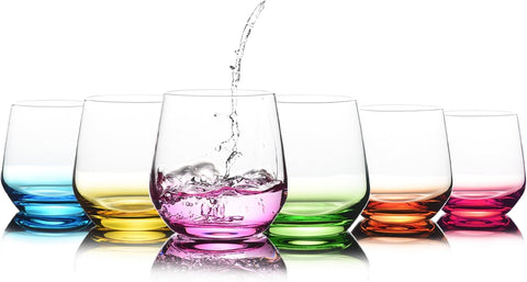 Stemless Wine Glasses Set of 6 - Hand Blown Colored Short Wine Tumblers - 15 oz Elegant Sparkling Wine Glass - Unique