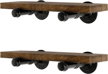 Wall Mounted Floating Shelves, Floating Shelves with Industrial Pipe Brackets Set of 2 Rustic Wood Storage Shelf