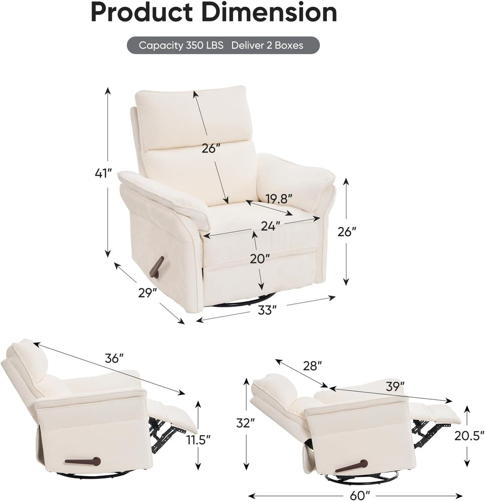 Oversized Recliner Chair, 24" Extra Wide 360° Swivel Rocker Recliner with Adjustable Headrest, Chenille Glider