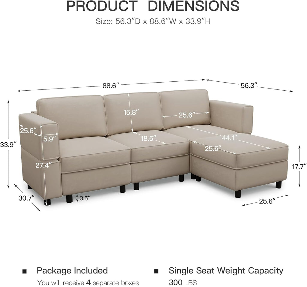 Modular Sectional Sofa L Shaped Couch with Reversible Chaises Deep Sectional Couch with Storage Ottoman Seat ,Velvet