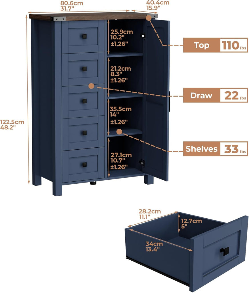 Farmhouse Tall Dresser Chest of Drawer , 5 Drawer Storage Cabinet with Barn Door, 48 Inch Tall Wood Dresser