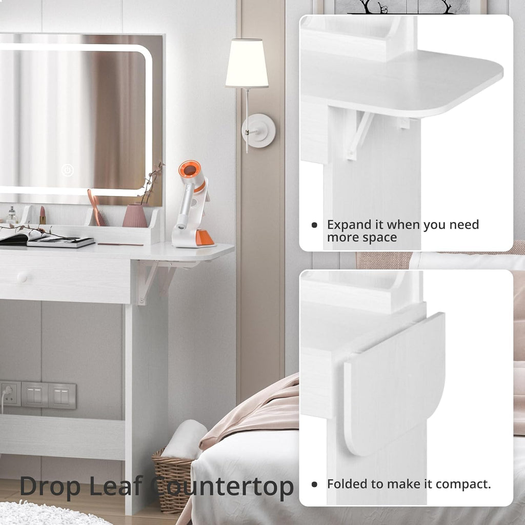 Vanity Desk with Charging Station and Dressing Room | LED Lights, Drawers, Mirror, Storage, Drawer space