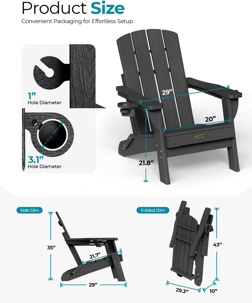 Folding Adirondack Chair, HDPE Adirondack Chairs with 2 Cup Holder, Plastic All-Weather Fire Pit Chairs, Outdoor Lawn