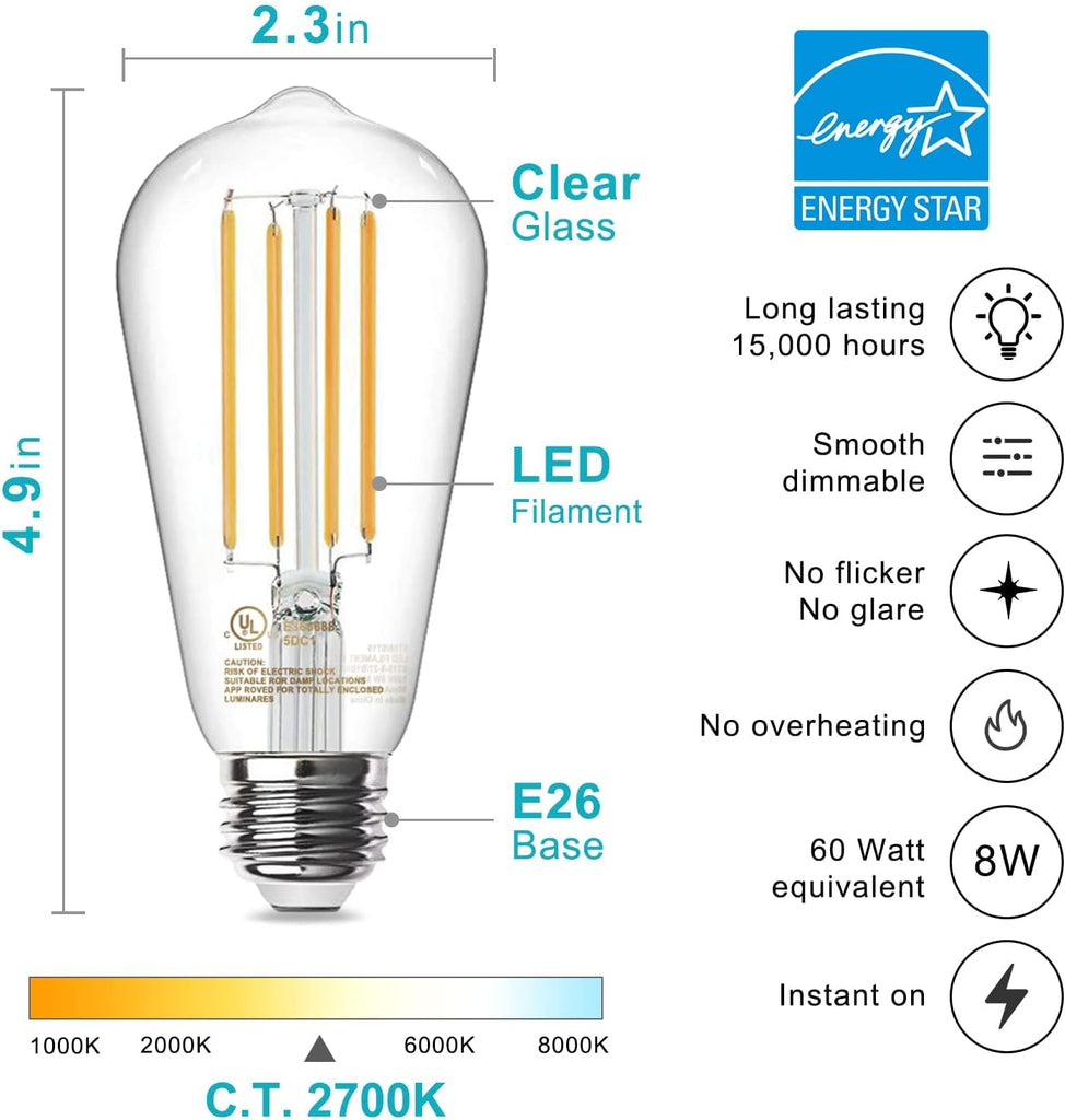 Edison Light Bulbs 60W Equivalent, Dimmable Vintage LED Light Bulbs, E26 Medium Base, Warm White 2700K, ST58, 8W