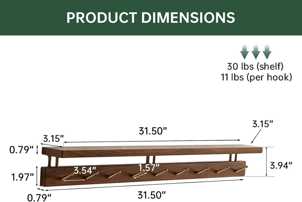 Walnut Wall Hooks with Shelf, Coat Rack Wall Mount, Entryway Hanging Shelf with 9 Brass Hooks for Hats, Clothes