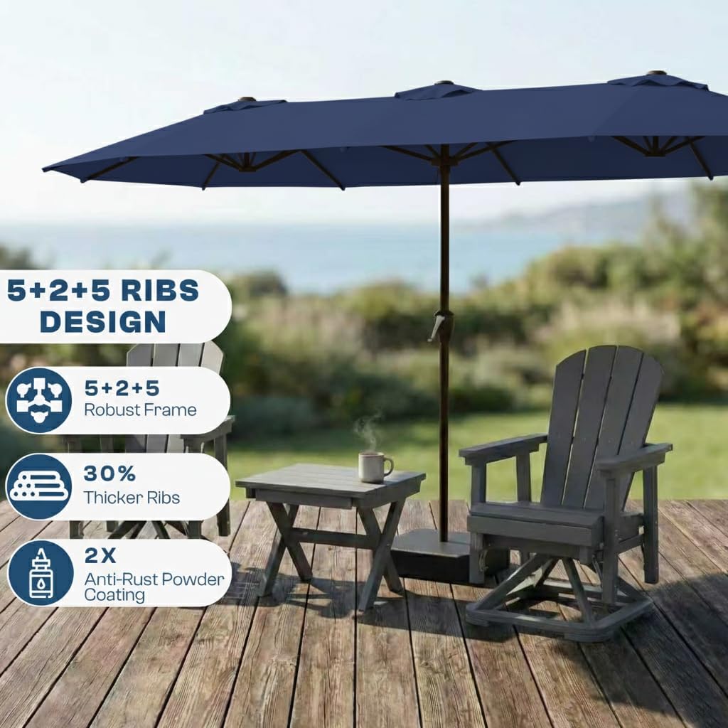 15FT Large Patio Umbrella with Base Included, Double Sided Outdoor Market Umbrella with Flexible Fiberglass Ribs