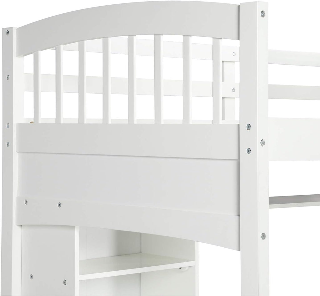 Twin Loft Bed with Desk, Solid Wood Twin Loft Bed Frame with Shelves, White