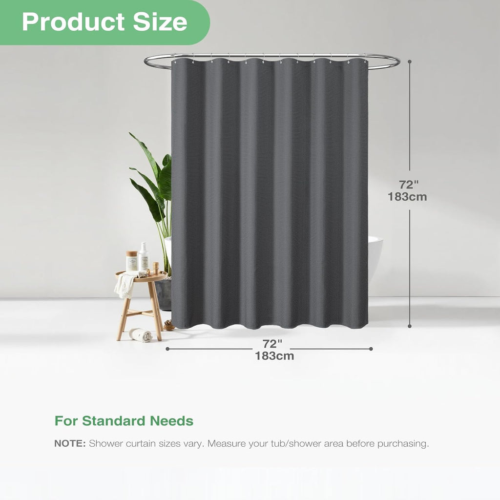 Waffle Shower Curtain 256GSM Heavy Duty Fabric 72x72 Charcoal Grey | Thick Polyester Cloth, Weighted Hem, Water