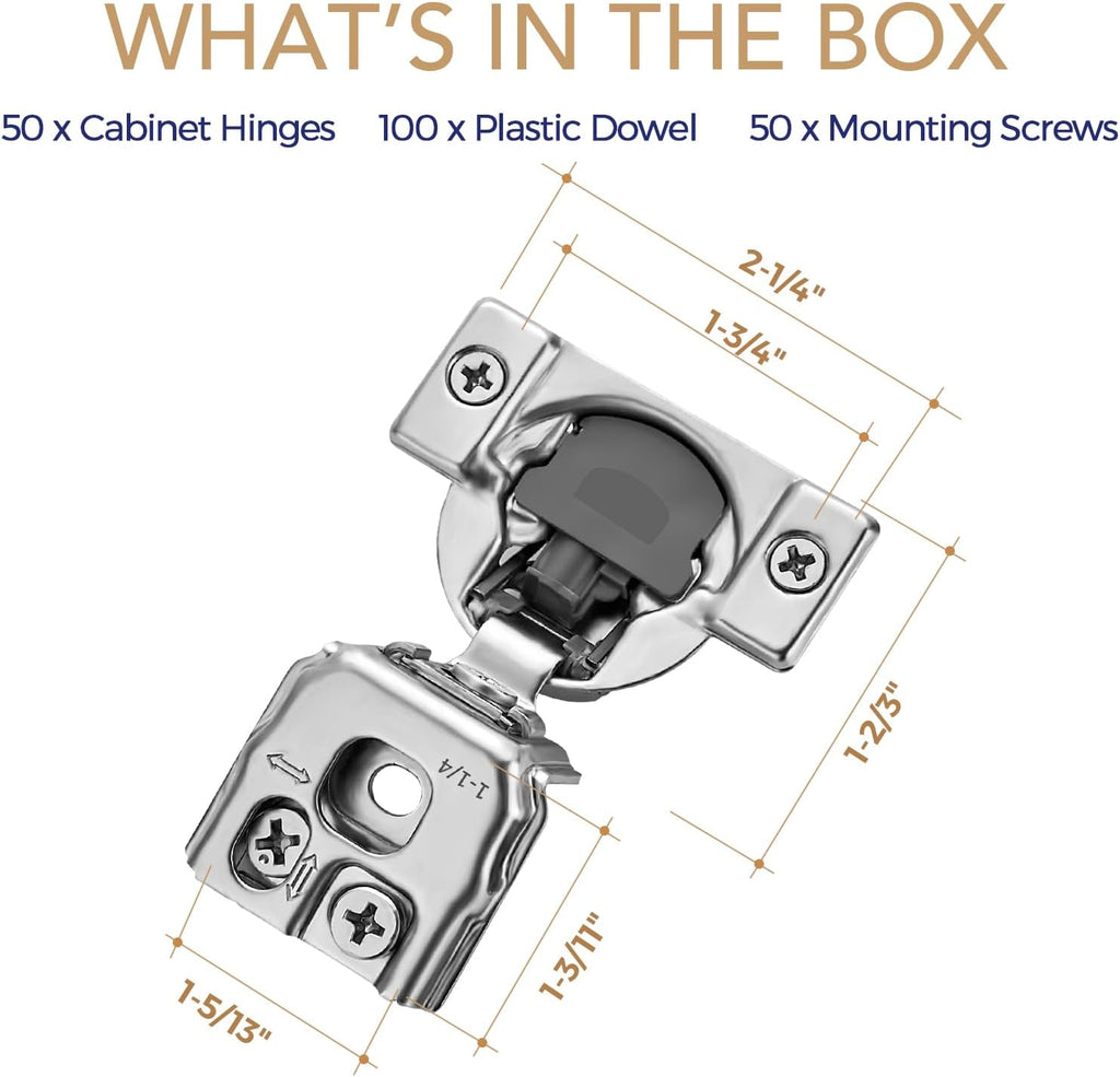 50 Pack 25 Pairs 1-1/4 inch Overlay Soft Close Hinges Hinges Satin Nickel Hidden Hinges Stainless Steel Concealed Hinge
