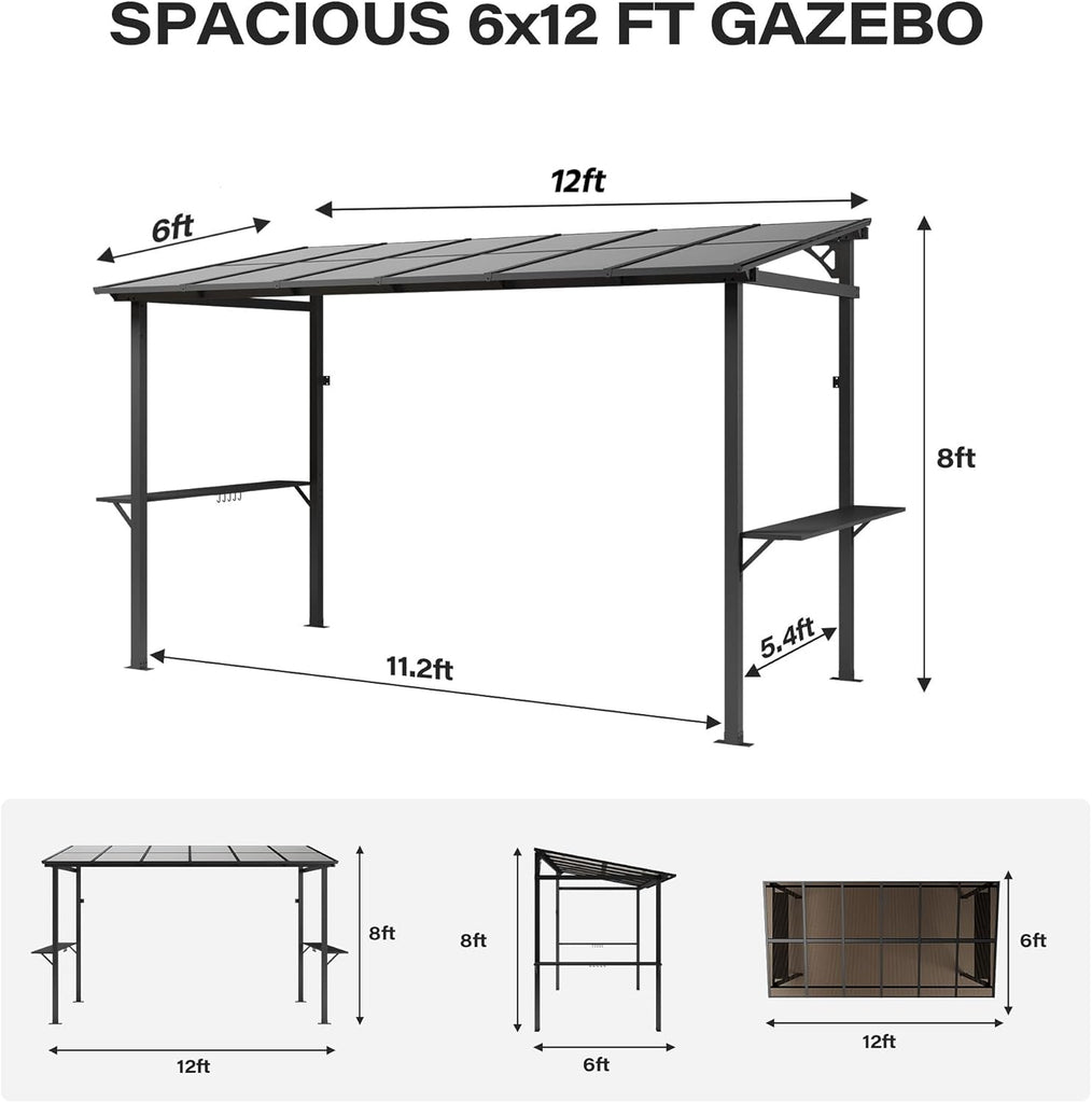 12x6 ft Hardtop Grill Gazebo, Outdoor Sloping PC Roof BBQ Patio Metal Gazebo with Shelves and Hooks