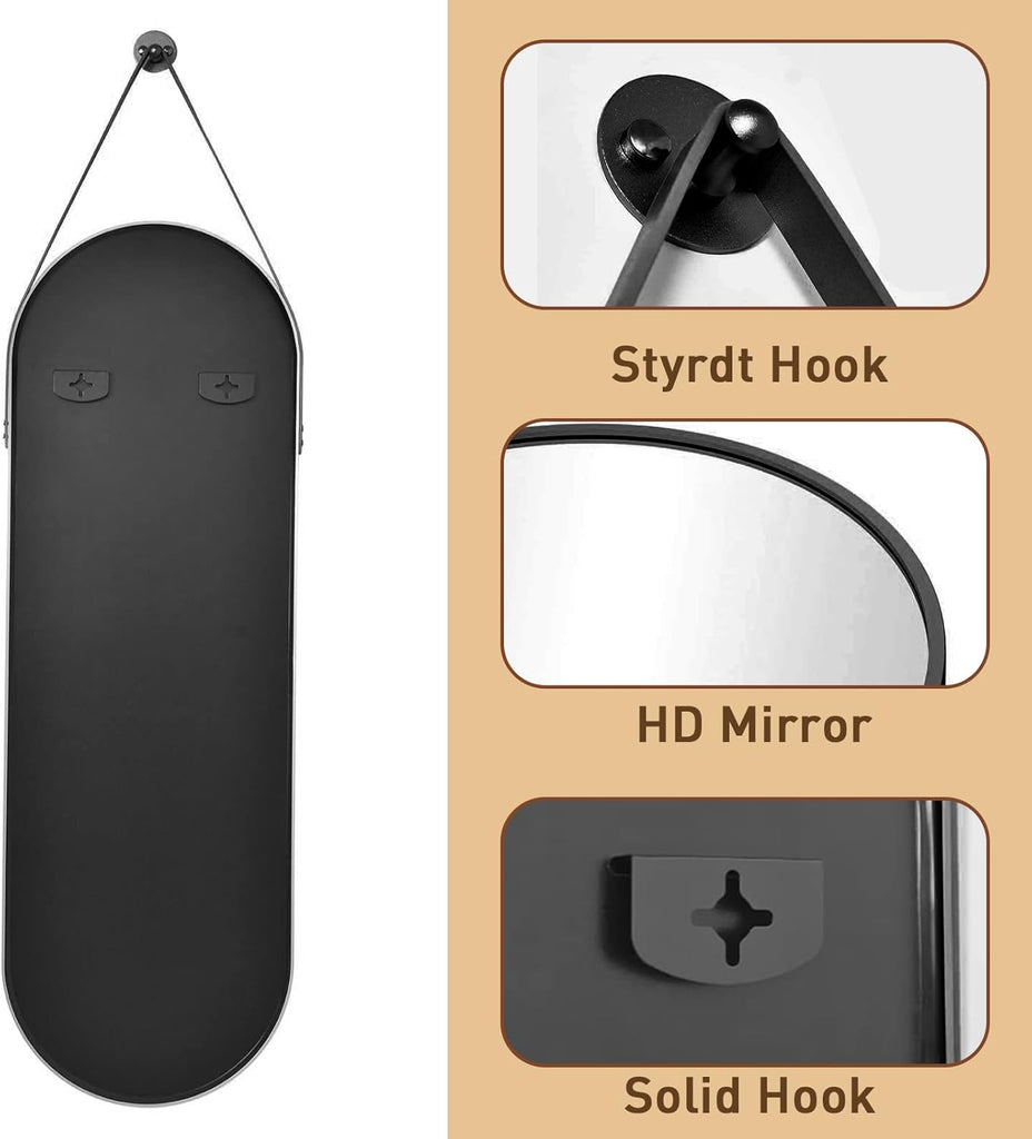 Full Length Mirror, Oval Wall Mounted Mirror, 48"x16" Door Mirrors Full Length with Hanging Leather Strap with Aluminum Frame for Bathroom Living Room Entryway (Black)