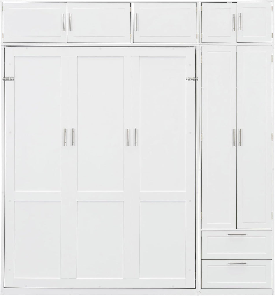 Queen Murphy Bed with Top Cabinet, Shelves and Wardrobe, Fold into The Wall, Space-Saving Design, Multifunctional