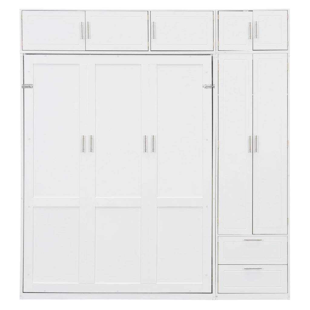 Queen Size Murphy Bed with Wardrobe, Space Saving Hidden Wall Bed Frame with Drawer & Storage Shelves, Foldable