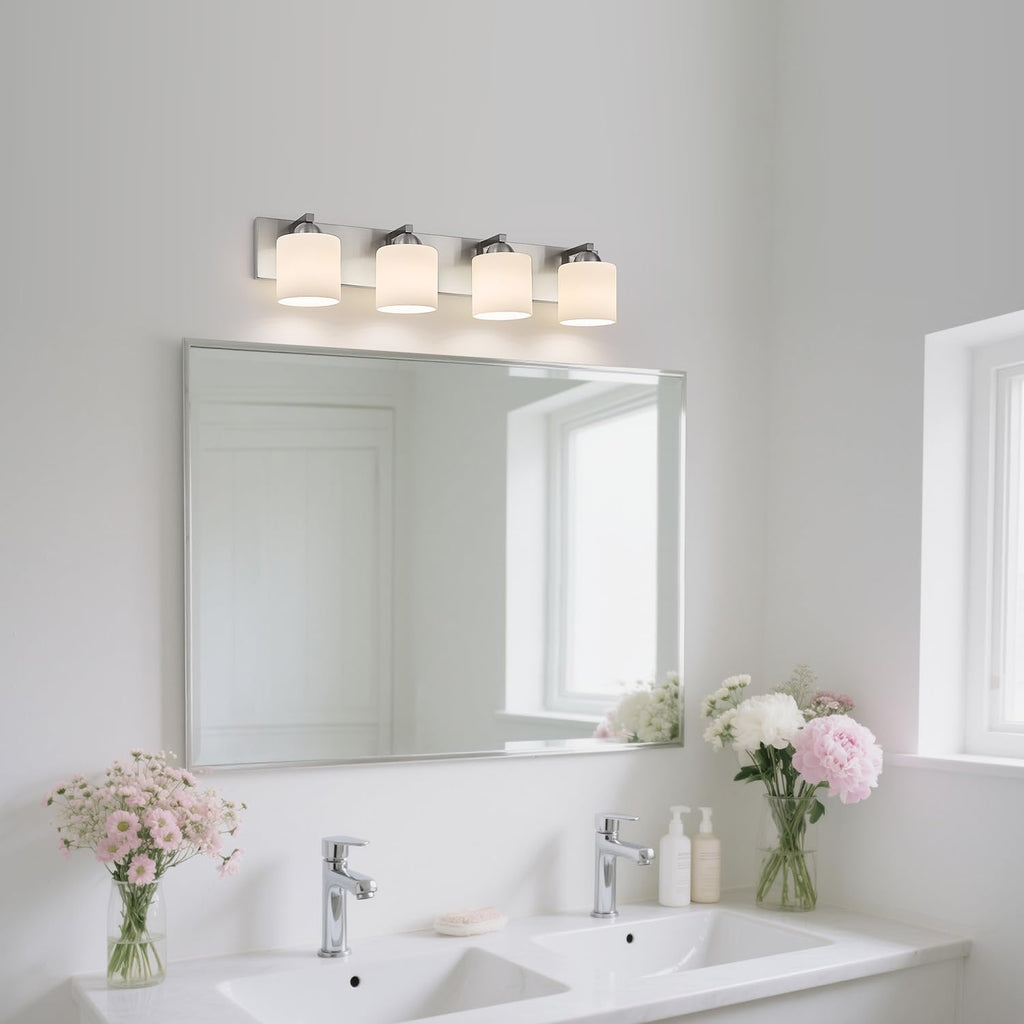 4-Light Brushed Nickel Bathroom Vanity Light with White Glass Shades | makeup vanity illumination grooming station