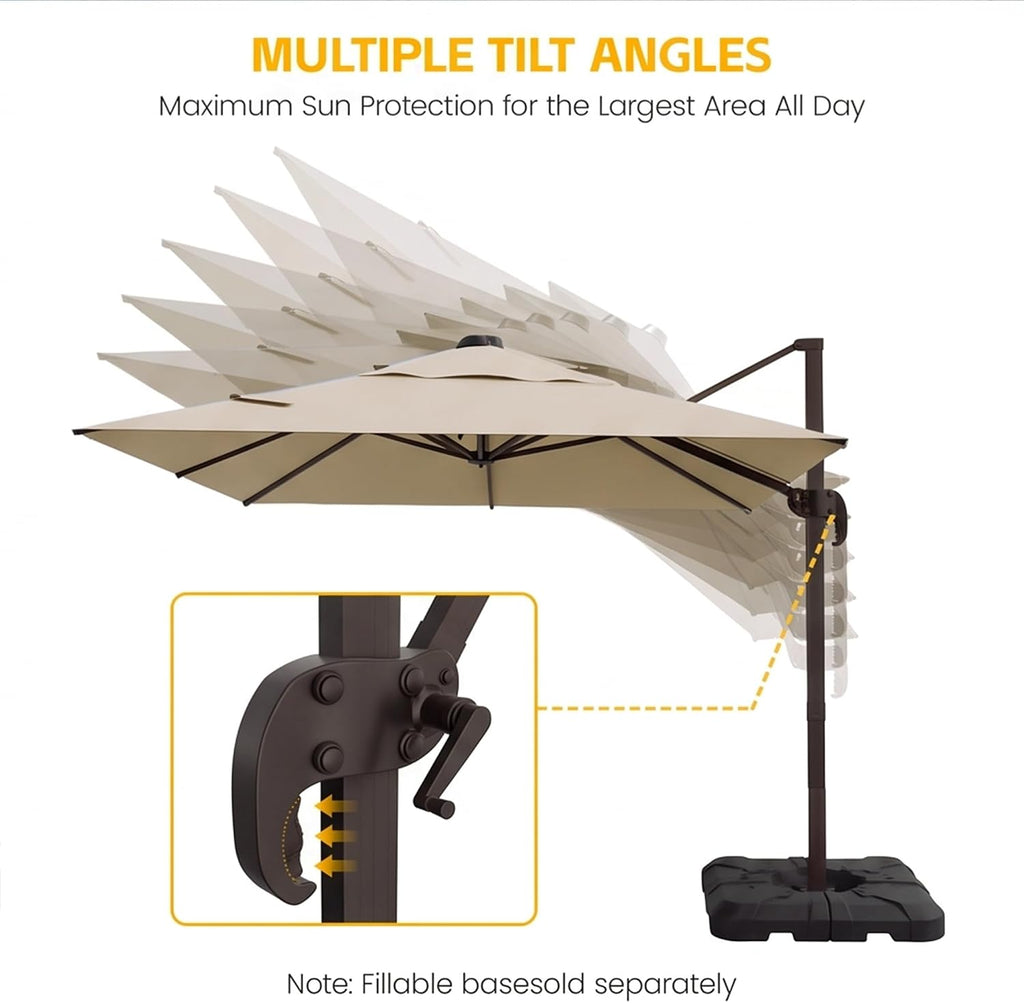 9x12 FT Patio Cantilever Umbrella with Base, Rectangular Heavy Duty Offset Umbrella for 6-8 People - Beige