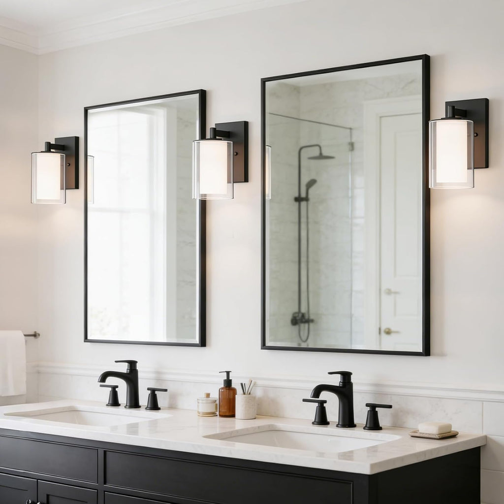 Wall Sconces Set of Two, Modern Vanity Lights with Double Clear Glass Shade Matte Black Indoor Farmhouse Wall Lights