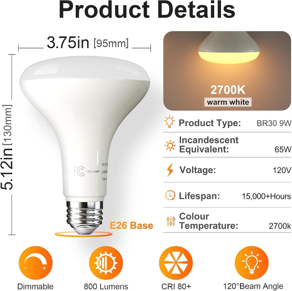 6 Pack BR30 Led Bulb 65W Equivalent, Dimmable LED Flood Light Indoor, E26 Base, 2700K Warm White, 9W, 800 LM