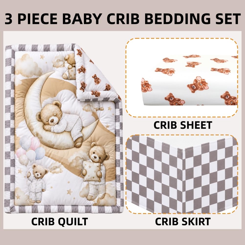 Baby Crib Bedding Set Bear Checked Neutral Nursery Comforter Bed Sets