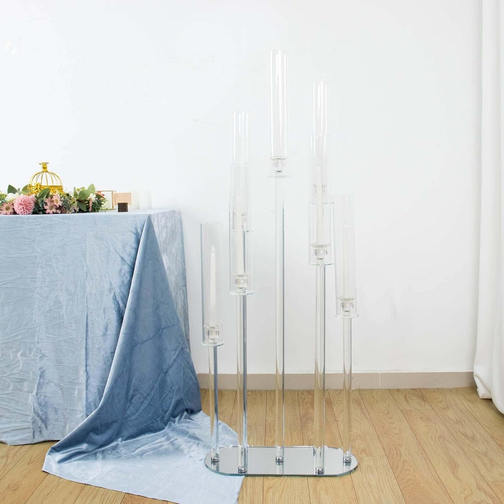 47" Clear Crystal 7-Arm Cluster Wedding Aisle Candlestick Stand with Hurricane Shades, Taper Candle Candelabra Table