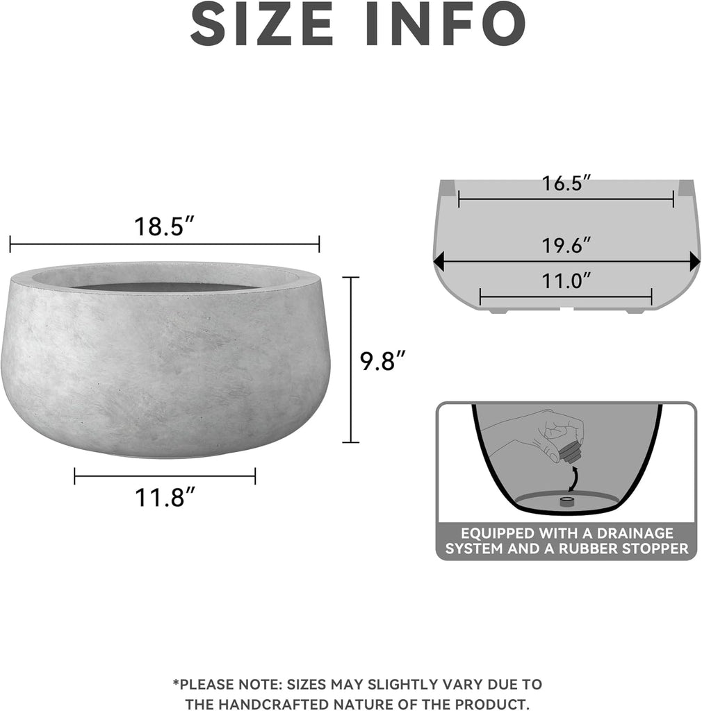 Large Round Bowl Pale Gray Concrete Planter 20" Dia, Outdoor | Rubber Plug for Indoor, Drainage for Garden