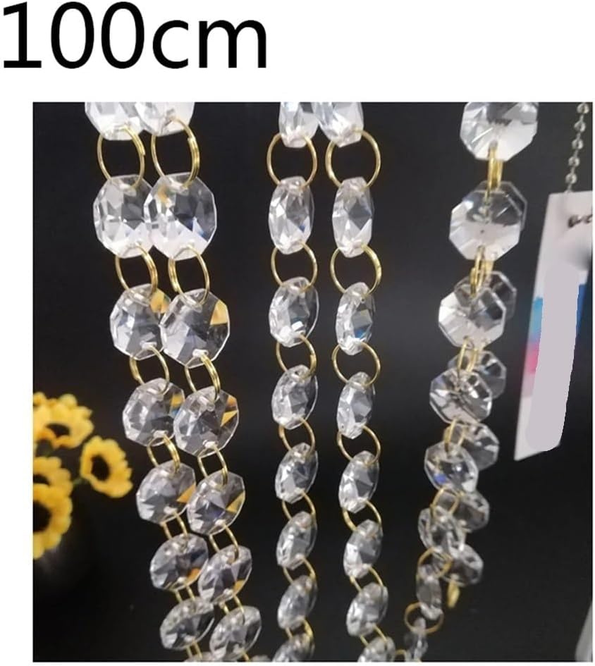 Hanging Crystals Prisms 100cm/3.3ft (Gold Ring) Clear 14mm Crystal Octagonal Beads Chain Garland Chandelier Lamp Part
