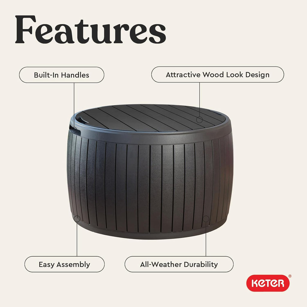 Circa 37 Gallon Deck Box Organizer, Works as Ottoman Chair or Side Table, Brown - Large Resin Round Outdoor Storage