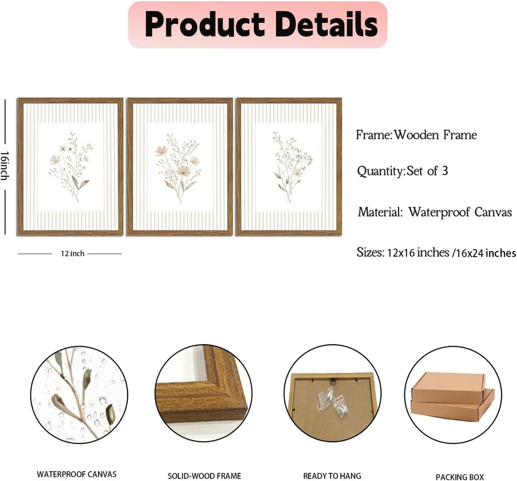 Neutral Wildflower Wall Art Set of 3, Vintage Flower Botanical Wall Decor Canvas Prints Pictures, Rustic Cottagecore