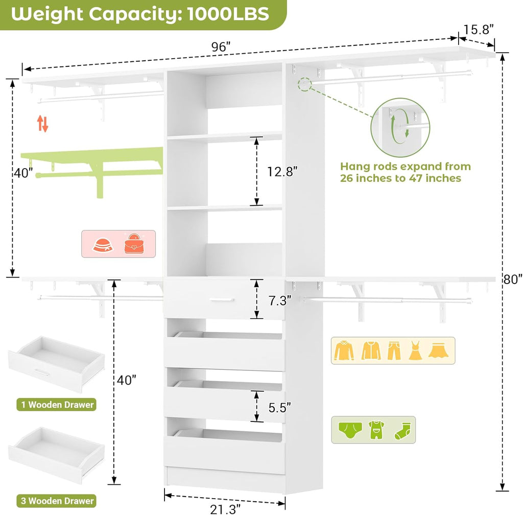 Closet System with 4 Drawers, 8FT Wood Closet Organizer System, 96'' Closets Built In System Tower with Shelves
