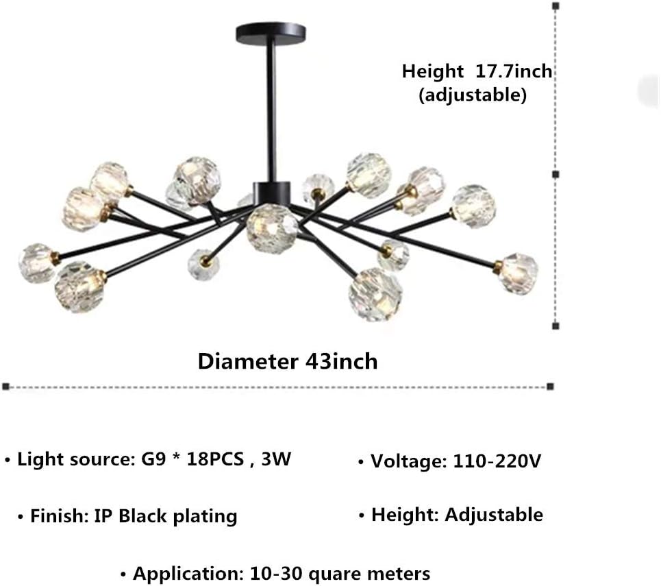Modern Sputnik Chandelier 18-Light Crystal Pendant 43" LED Ceiling Light Pendant, Cut Crystal with G9 LED Bulbs (Black)