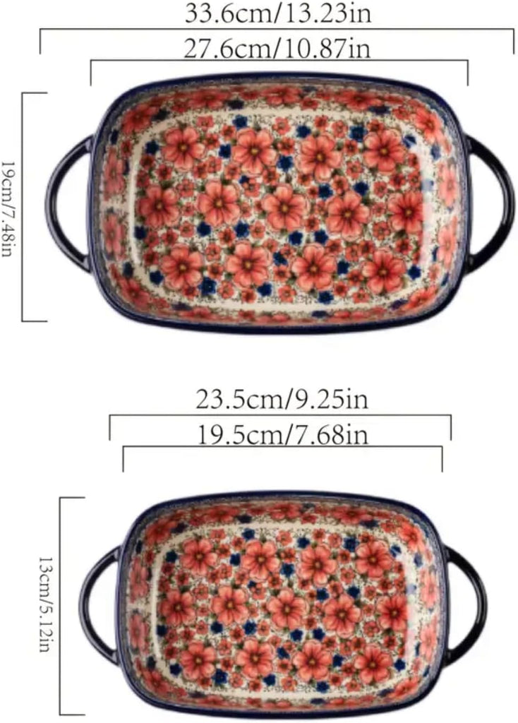 Ceramic Dish with Handles, Hand-painted Polish Pottery Dish Set of 2, Pan Lasagna Pan, Rectangular, Floral Pattern