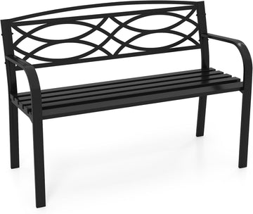 Outdoor Metal Garden Park Bench, Heavy-Duty Metal Slatted Loveseat for 2 People with Curved Armrests & Backrest