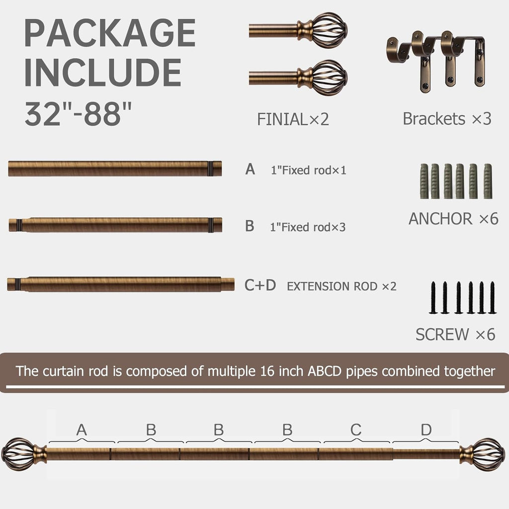 Brass Curtain Rods for Windows 30-88 Inch Adjustable Heavy Duty Metal,1 Inch Pipe Decorative Modern Rustic Blackout