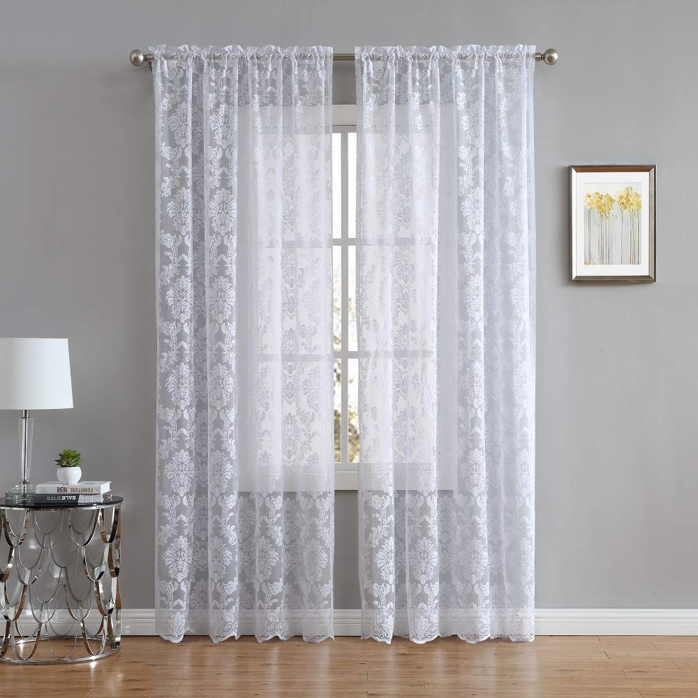 54 x 63 Inch White Damask Lace Curtains. FI White 63