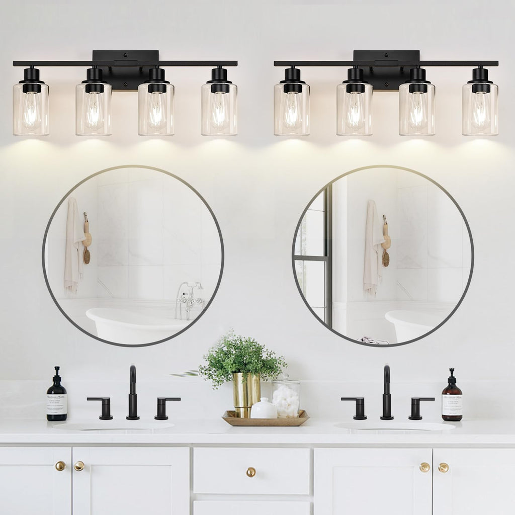 4-Light Bathroom Light Fixtures, Matte Black Modern Vanity Lights with Clear Glass Shades, Bathroom Wall Lamp for