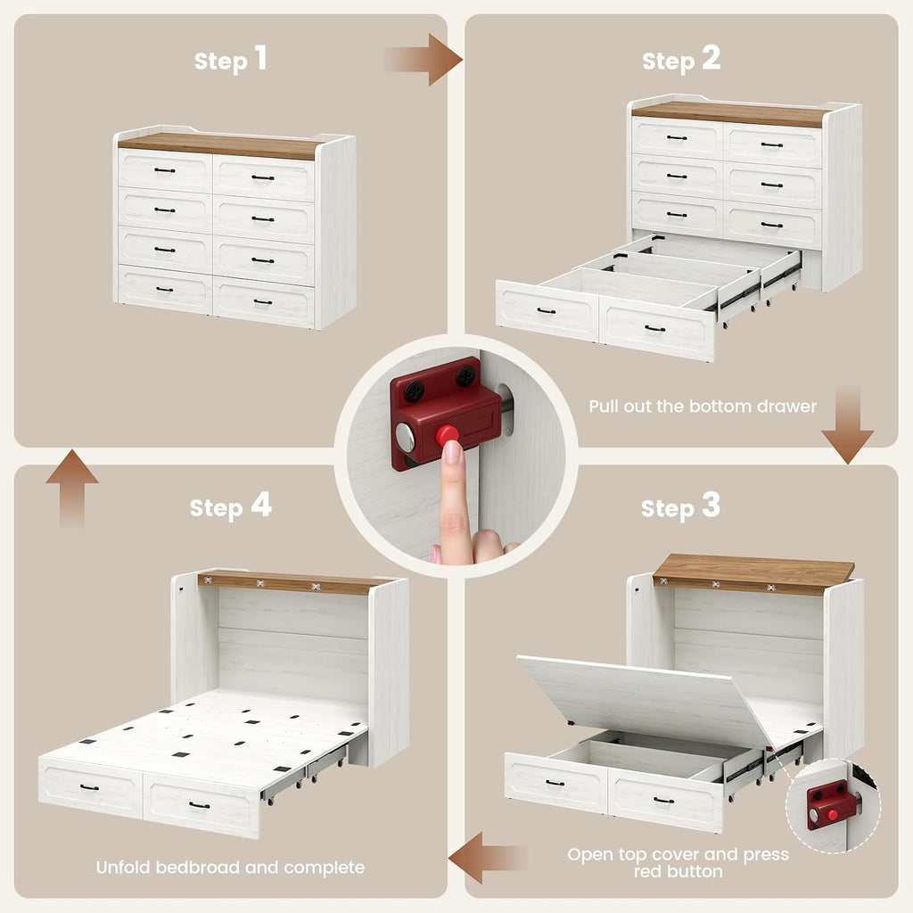 Queen Murphy Bed with 4" Trifold Mattress, Farmhouse Murphy Cabinet Bed with Storage Drawers, Charging Station & Hidden Compartment, Hideaway Bed Cabinet for Bedroom, Guest, Rustic White